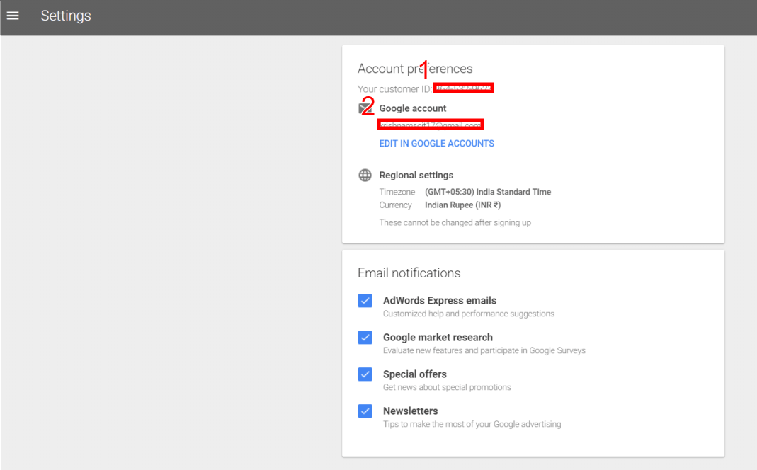 adwords express main menu