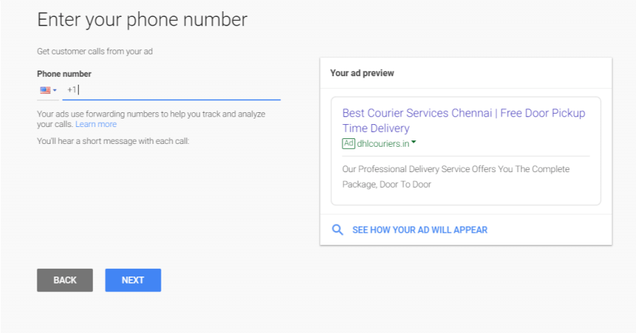 adwords express add phone number