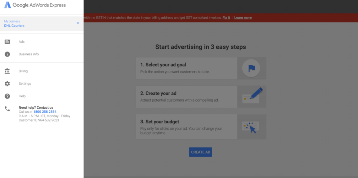adwords express main menu