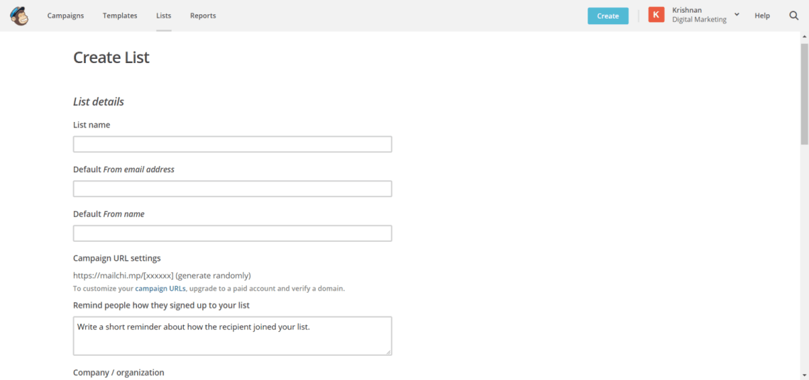 create list in mailchimp