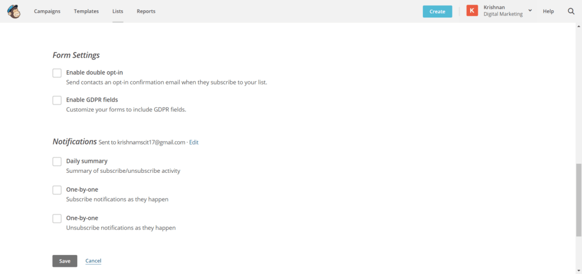 notification settings mailchimp